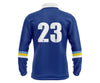 Custom blue long-sleeve school leaver with white and yellow stripes